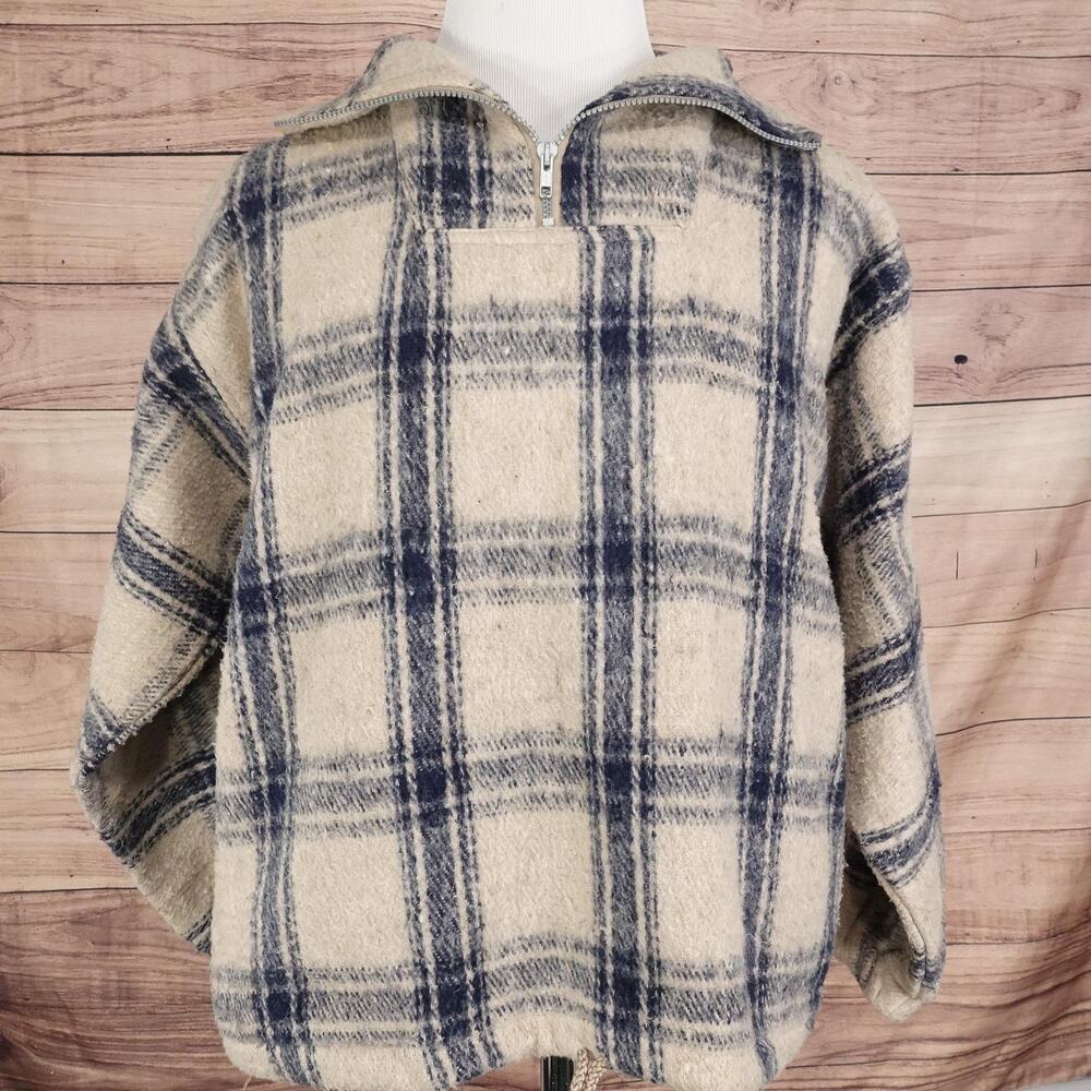 Earth Ragz Sweater Mens Medium Beige Blue Plaid Quarter Zip Pullover Warm